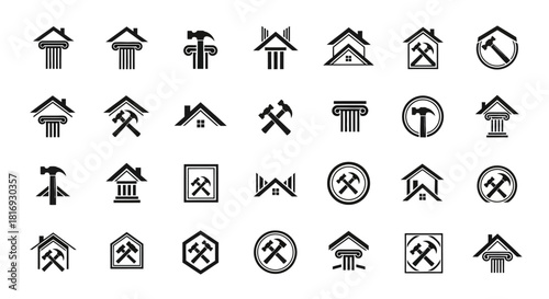 Architectural construction and renovation logo set featuring house elements and hammer tools