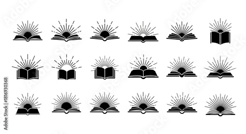 Silhouette vector set of opened book icons with sunlight rays education concepts