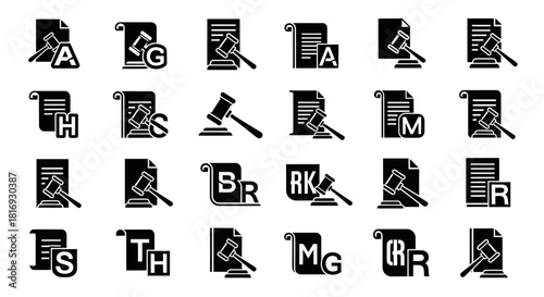 Assorted justice documents with gavels set on varied legal files and agreements icons