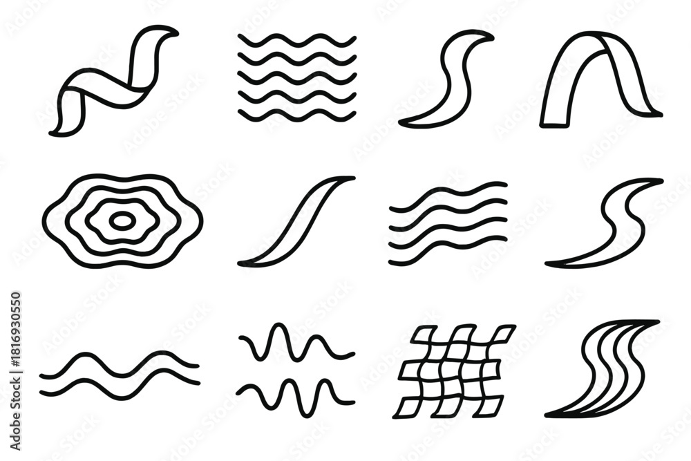 Obraz premium Dynamic Flow Icons. Flow Concepts Set linear icon set: motion ribbon, seamless wave, drifting stripe, fluid arc, ripple field, soft current line, harmonic drift, flow curve, smooth