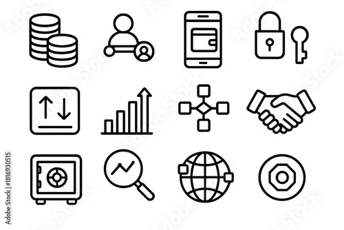 DeFi Icon Set. Decentralized Finance linear icon set. coin stack, peer-to-peer link, mobile wallet, secure key, crypto exchange, bar chart, blockchain node, handshake, digital