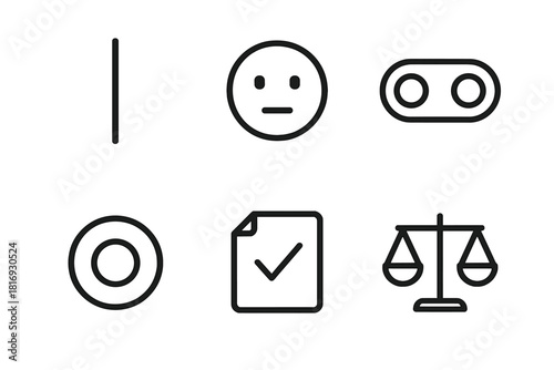 Healthy Boundaries Icons. Healthy Boundaries Set linear icon set: firm line, calm face, open–closed indicator, choice circle, agreement note, balance scale