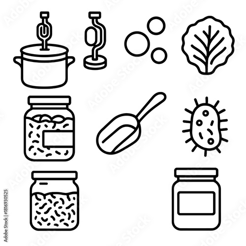 Fermentation Icons Set. Fermentation Process linear icon set: crock pot, airlock lid, bubbles, cabbage leaf, jar, scoop, bacteria icon, label