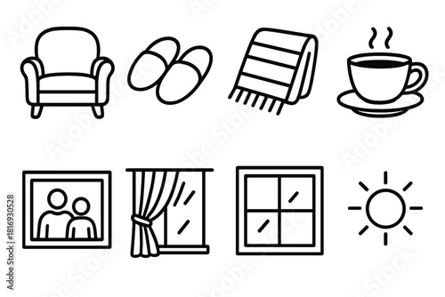 Cozy Comfort Icons. Comfort & Security linear icon set: cozy chair, slippers, warm blanket, teacup, family photo, curtain, window, gentle light