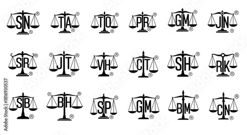 Diverse justice scales collection displaying varied initial combinations in minimalistic design