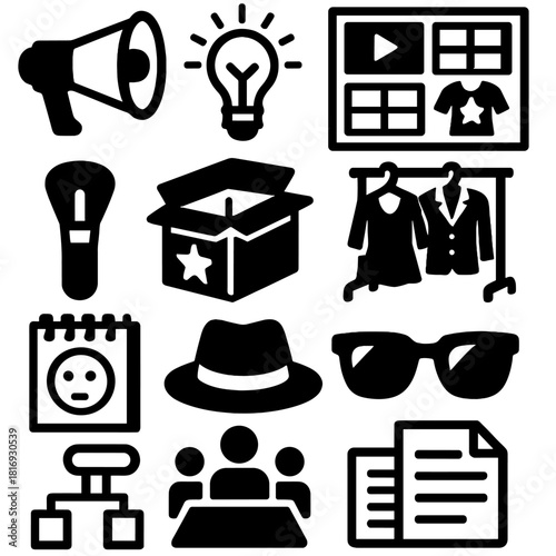 Bold Creative Icons. Creative direction silhouette icon set. megaphone, idea bulb, storyboard, costume rack, makeup brush, prop box, hat, sunglasses, sketchpad, concept chart, team