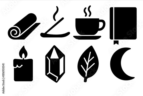 Mindful Rest Icons. Mindful Rest Collection silhouette icon set. yoga mat, incense, tea cup, journal, candle, crystal, leaf, moon.