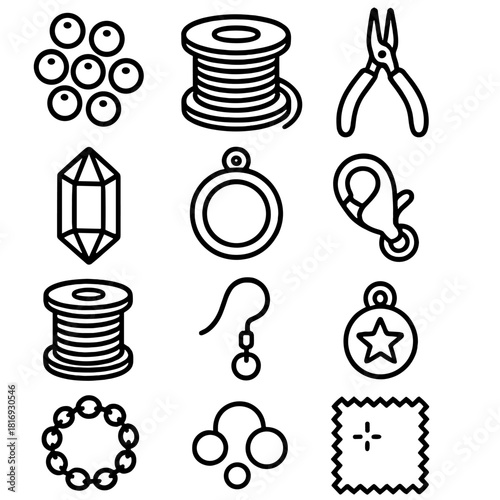 Jewelry Making Tools. Jewelry Making linear icon set: beads, wire spool, pliers, gemstone, pendant, clasp, thread spool, earring hook, charm, jump ring, bracelet chain, polishing
