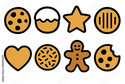 Bold Cookie Icons. Homemade Cookies Icons silhouette icon set. chocolate chip, cookie with icing, star shape, round biscuit, heart cookie, sprinkled top, gingerbread, bite mark