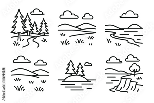 Tranquil Landscapes Icons. Relaxing Landscapes Set linear icon set: woodland path, open plains, calm coastline, soft grass field, serene island, peaceful cliff view