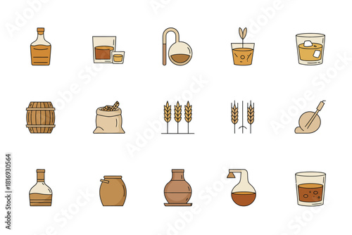 Collection of icons representing whiskey production and consumption