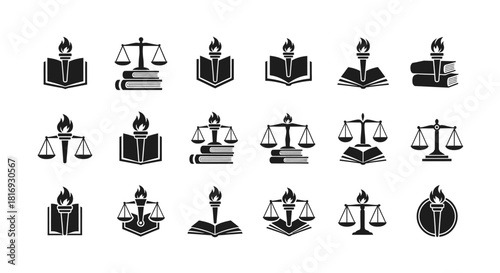 Law, justice, legal and education concept with various scales and torch symbols