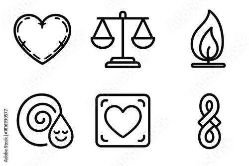 Heartfelt Safety Icons. Heartfelt Safety Set linear icon set: cushioned heart, balanced scale, reassurance swirl, reflective teardrop, safe space frame, calm beacon, trust knot