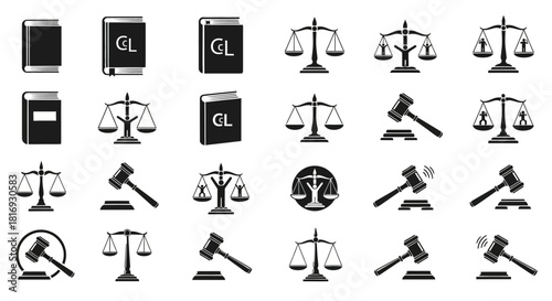 Conceptual illustration of legal icons featuring scales of justice books and gavel
