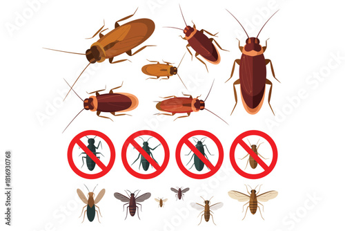 Collection of cockroaches and insects with pest control symbols