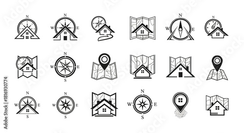 Set of navigational house icons combining map, compass elements for real estate industry