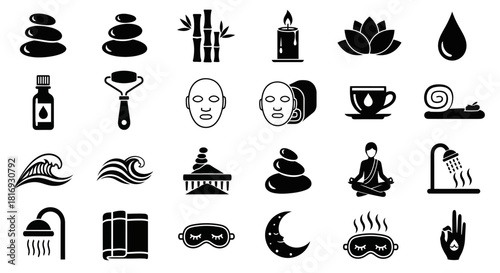 Collection of beauty and wellness icons representing relaxation and self care rituals