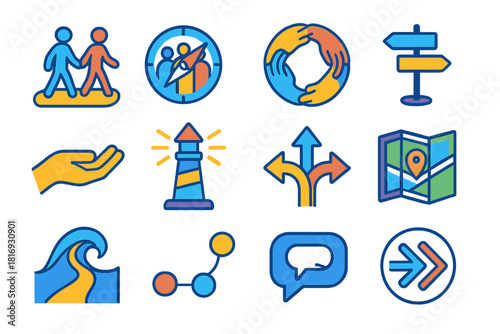 Community Icon Collection. Community Guidance flat icon set: shared path icon, group compass, supportive circle, direction post, outreach hand, community beacon, clarity arrows