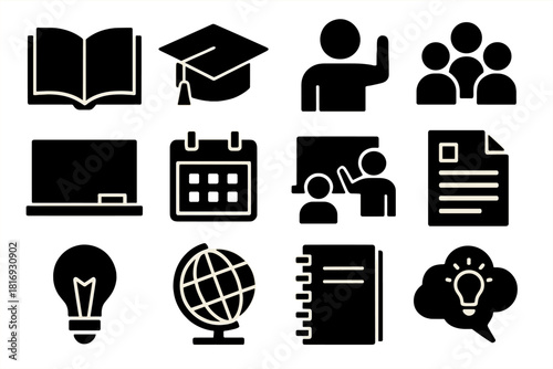 Educational Icon Set. Educational Mentorship silhouette icon set. open book, graduation cap, teacher icon, student group, chalkboard, calendar, classroom, document page, light bulb