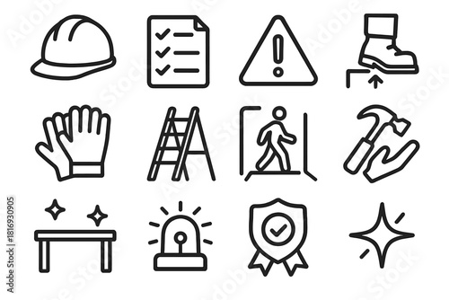 Safety Routines Icons. Safety-Focused Work Routines Icons linear icon set: hard hat, safety checklist, caution triangle, secure footing icon, protective gloves, stable ladder
