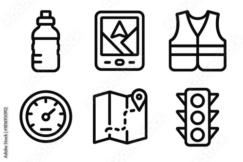 Road Trip Essentials. Road Essentials linear icon set. water bottle, GPS device, reflective vest, traffic light, speedometer, route map