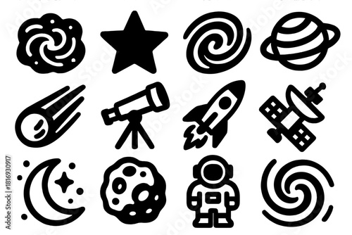 Cosmic Icons Vector Set. Cosmic Nebula silhouette icon set: nebula, star, galaxy, planet, comet, telescope, rocket, satellite, moon, asteroid, astronaut, light swirl