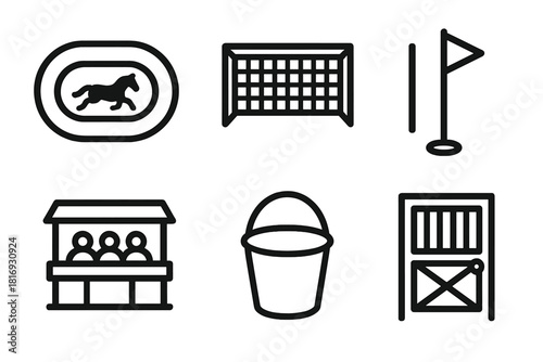 Sports Field Icons. Field Elements linear icon set. horse track, goal net, boundary marker, crowd stand, water bucket, stable gate