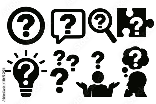 Bold Question Icons. Question concepts silhouette icon set: circular question mark, dialogue window, searching lens, abstract puzzle piece, idea spark, floating symbols, unsure