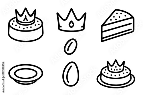 Epiphany Crown Cake. Epiphany Crown Cake linear icon set. round cake, golden crown, slice, bean charm, sugar pearls, plate