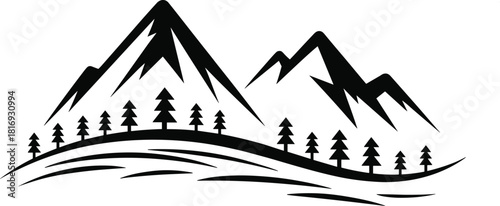 Mountain landscape silhouette illustration with sharp peaks, pine trees, rolling hills, outdoor wilderness scenery, adventure nature design artwork