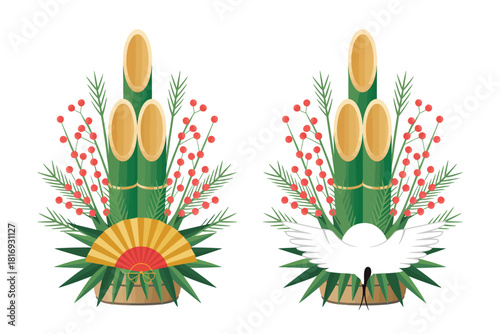 Traditional japanese kadomatsu new year decorations with crane and fan