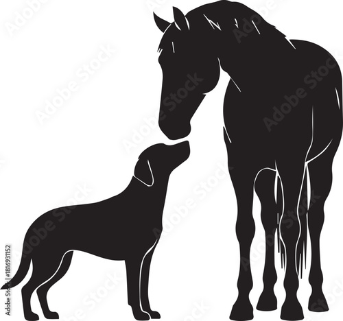 Majestic horse and loyal dog silhouette interaction gentle companionship outdoor wildlife scene