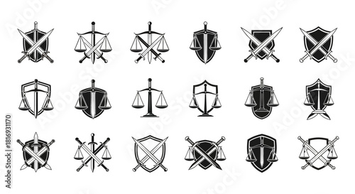 A Collection of Black and White Vector Logos Combining Scales Swords and Shields Symbolic