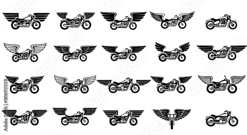 Collection of stylized motorcycle icons with wing embellishments arranged in pattern formation