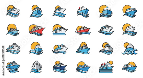 Variety of cruise ship vessel illustrations set against a setting sun backdrop collection