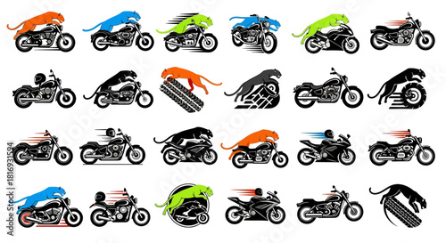 Vibrant Motorcycle and Panther Logo Collection: A Set of Dynamic Vehicle Emblems