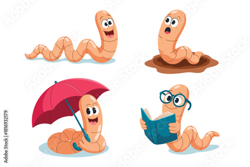 Four cute cartoon earthworms engaged in various activities