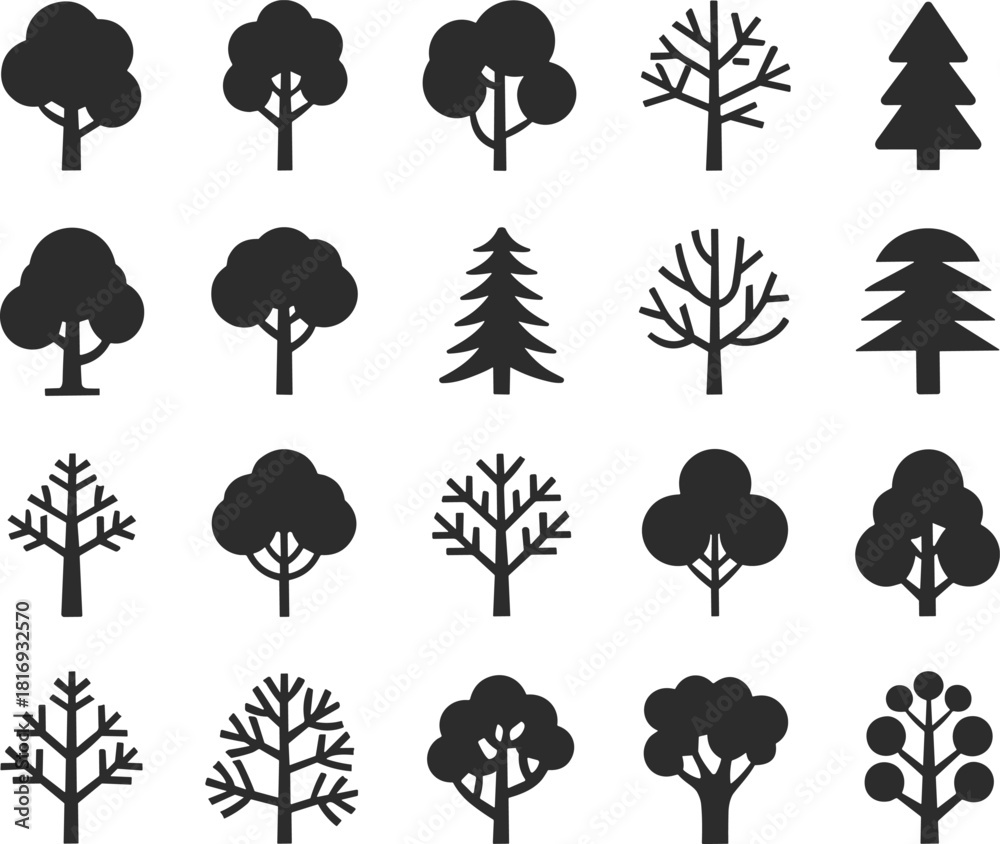 Fototapeta premium Silhouette tree icon collection featuring diverse forest shapes and botanical elements for nature, ecology, environment, and design use