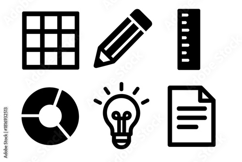 Brutalist Design Icons. Design creativity silhouette icon set: layout grid, pencil, ruler, color wheel, idea bulb, document