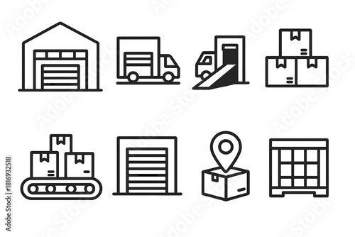 Warehouse Distribution Icons. Distribution center concept linear icon set: large warehouse, loading dock, truck ramp, parcel boxes, conveyor, door, map marker, inventory crate