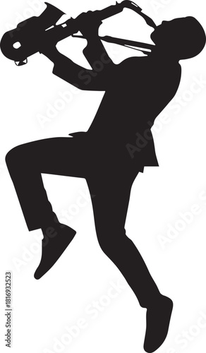 Silhouette of a jazz musician playing a saxophone with energy