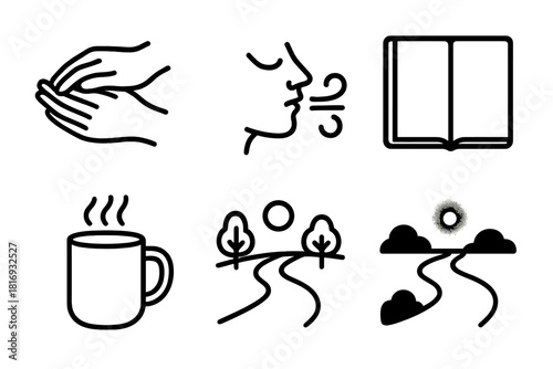 Quiet Icon Serenity. Quiet Moments linear icon set: resting hands, slow breath, blank page, warm mug, quiet path, subtle glow