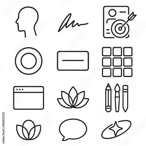 Creative Identity Icons. Authentic Presence linear icon set: portrait silhouette, handwritten signature, digital resume, vision statement, goal chart, identity circle, tagline card