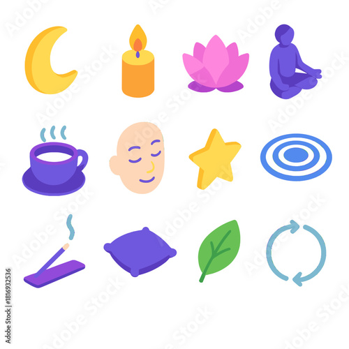 Serene Evening Icons. Evening Meditation flat icons set. moon, candle, lotus flower, meditating figure, tea cup, calm face, star, water ripple, incense stick, pillow, leaf