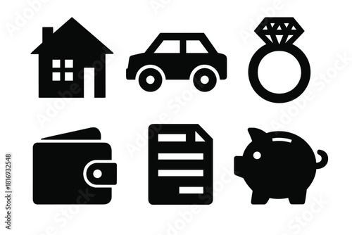 Bold Brutalist Assets Icons. Personal assets silhouette icon set. house, car, jewelry, wallet, document, piggy bank.