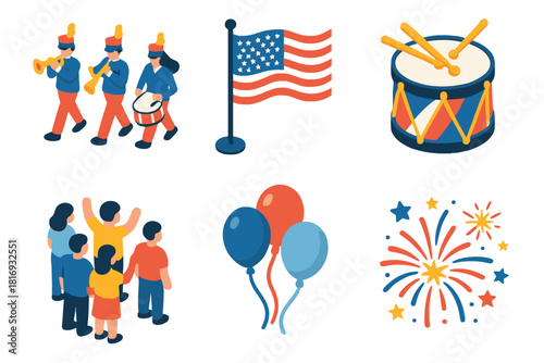 Patriotic Parade Icons. Patriotic Parade flat icons set. marching band, flag wave, drum, crowd, balloons, fireworks