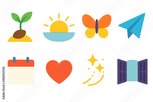 Hopeful Symbol Icons. Hopeful Beginnings Symbols set flat icons set. sprouting seed, morning sun, butterfly, paper plane, calendar flip, glowing heart, sparkle trail, open gate