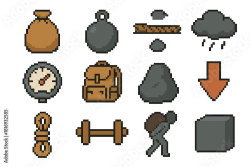 Pixel Art Burden Icons. Burden Icons pixel style icon set: heavy sack, weighted ball, strained rope, stress cloud, pressure gauge, filled backpack, load stone, downward arrow