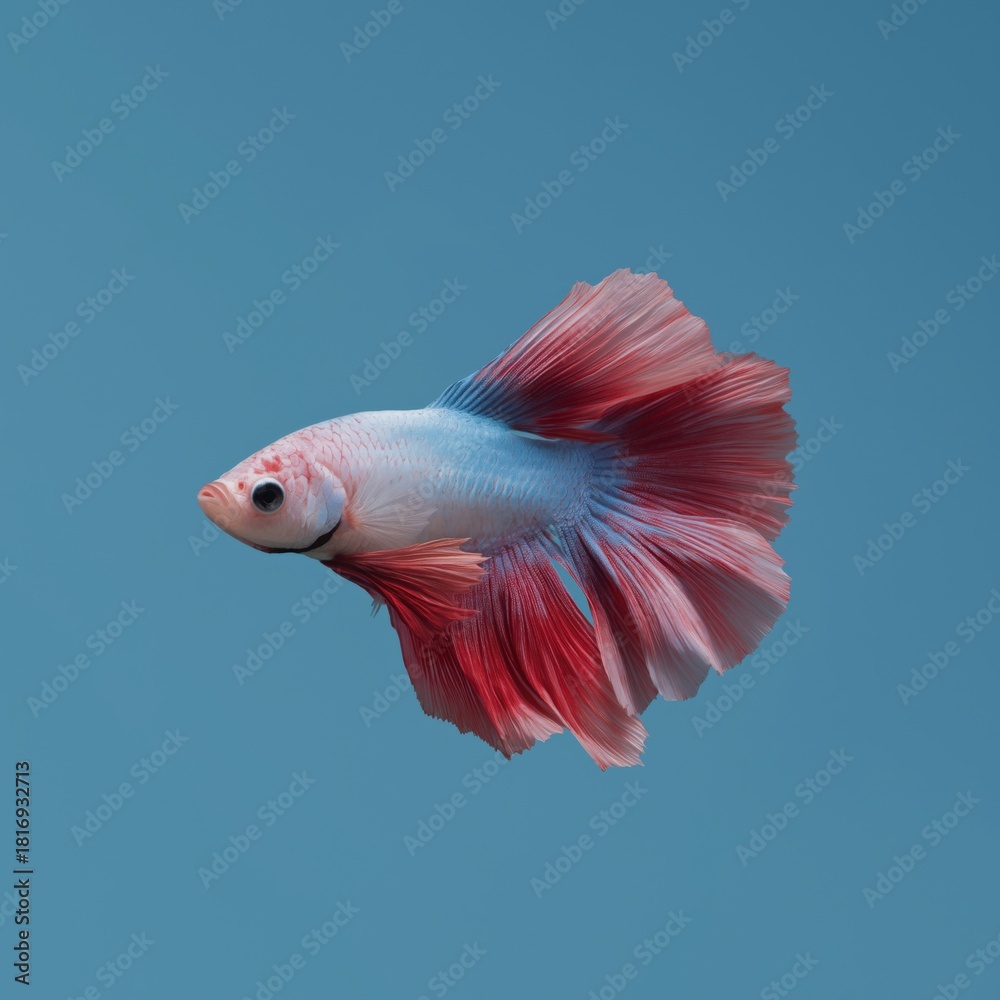 Fototapeta premium Colorful betta fish with flowing red and white fins on blue background