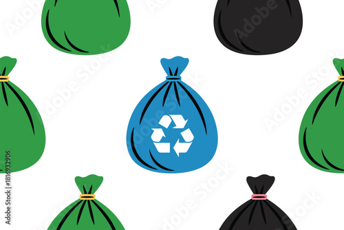 Seamless pattern of colorful garbage bags with recycling symbol